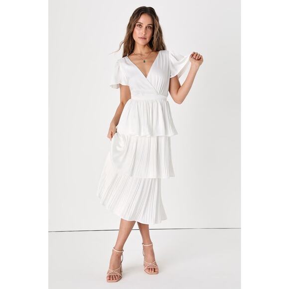 Lulus Twirl-wind Romance White Satin Tiered Midi Dress Layered Elegant Sz XL - Picture 1 of 6
